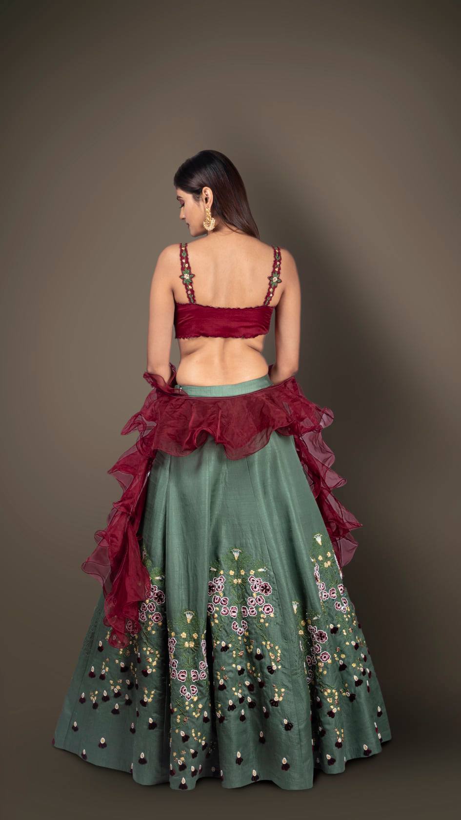 Green Skirt And Maroon CropTop With Multicoloured Resham And Cutdana Embroidery