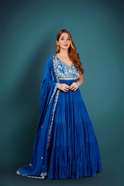 Blue Anarkali In Georgette With Vibrant Resham Embroidery