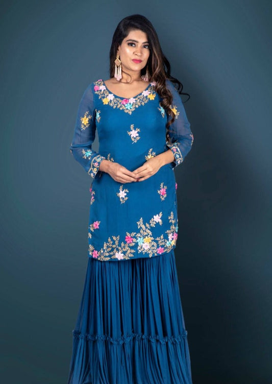 Blue Sharara Suit  With Multicolored Resham And Zaal Embroidery