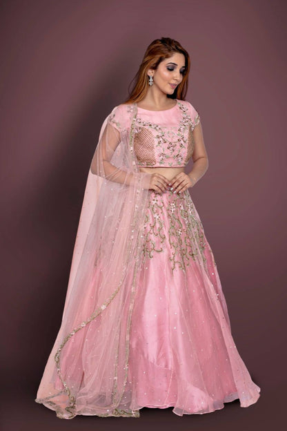 Pink Organza Lehenga And Blouse With Heavy Cutdana Floral Work