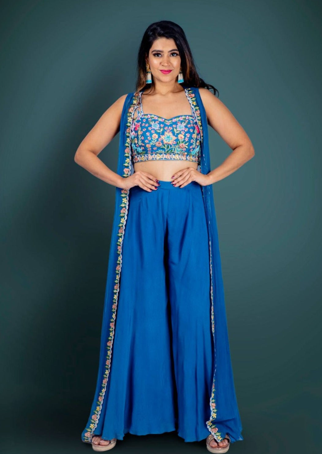 Blue Palazo And Crop Top Suit With Flowy Jacket And Floral Embroidery