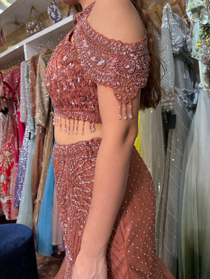 Rust Peach Embroidered Fish Cut Lehenga