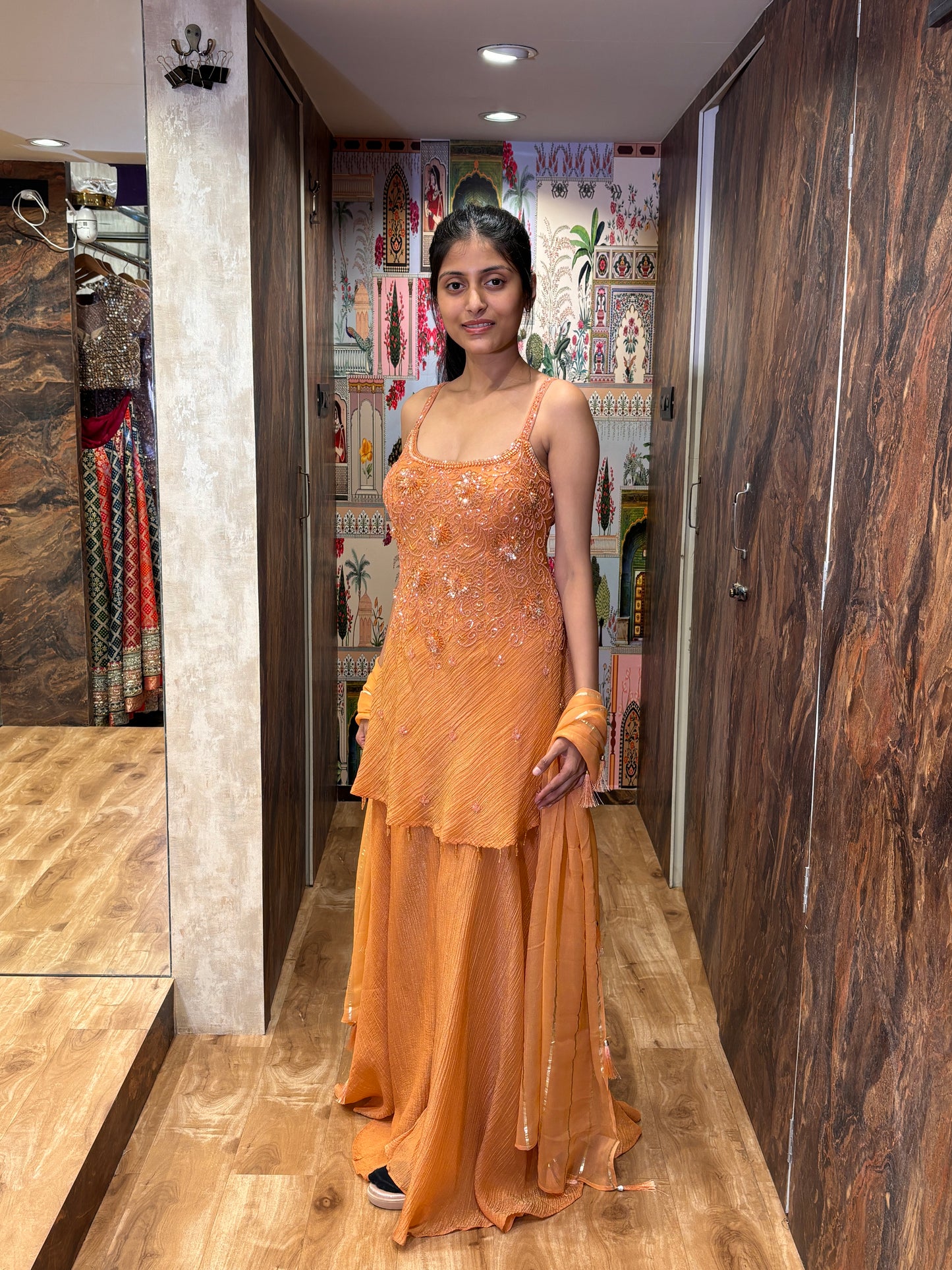 Sunset Peach plazo with a short kurti and dupatta
