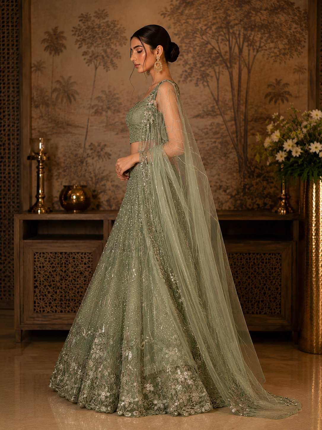 Sage Opulence Hand-Embroidered Organza Lehenga Set