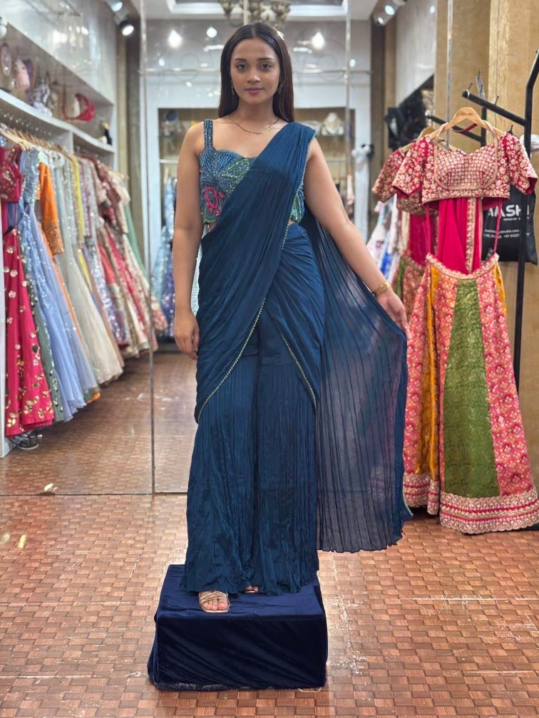 Peacock blue drape saree