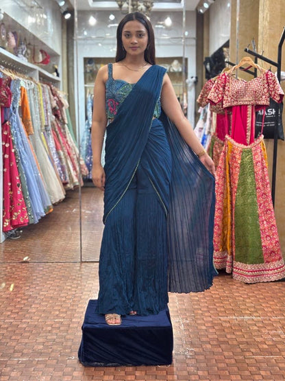Peacock blue drape saree