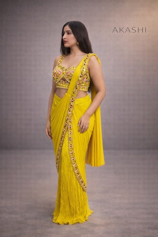 Acrylic Work Pant Saree with Heavy Embellished Pallu Border