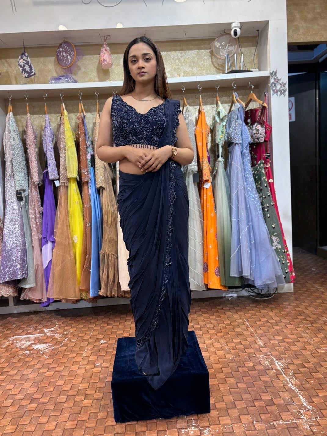 Midnight blue pleated saree