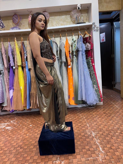 Black and copper simmering saree with corset blouse