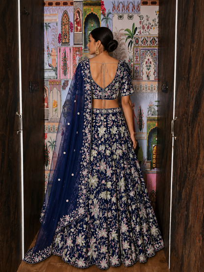 Navy Blue Multicoloured Hand-Embroidered Lehenga Set
