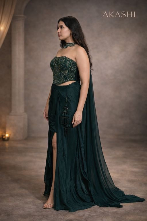 Emerald green Side slit dhoti skirt with corset blouse