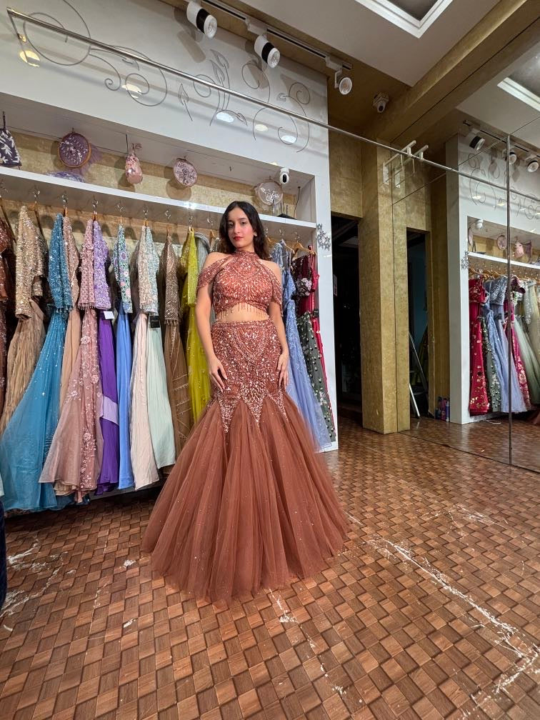 Rust Peach Embroidered Fish Cut Lehenga