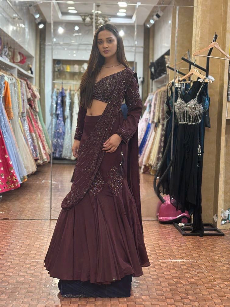 Deep wine fish cut Lehenga