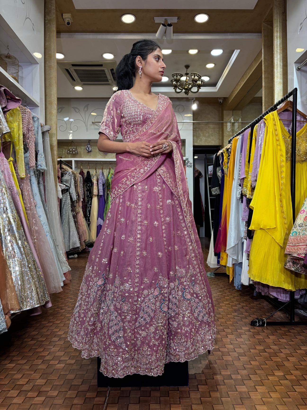 Pink shining Tissue Lehenga