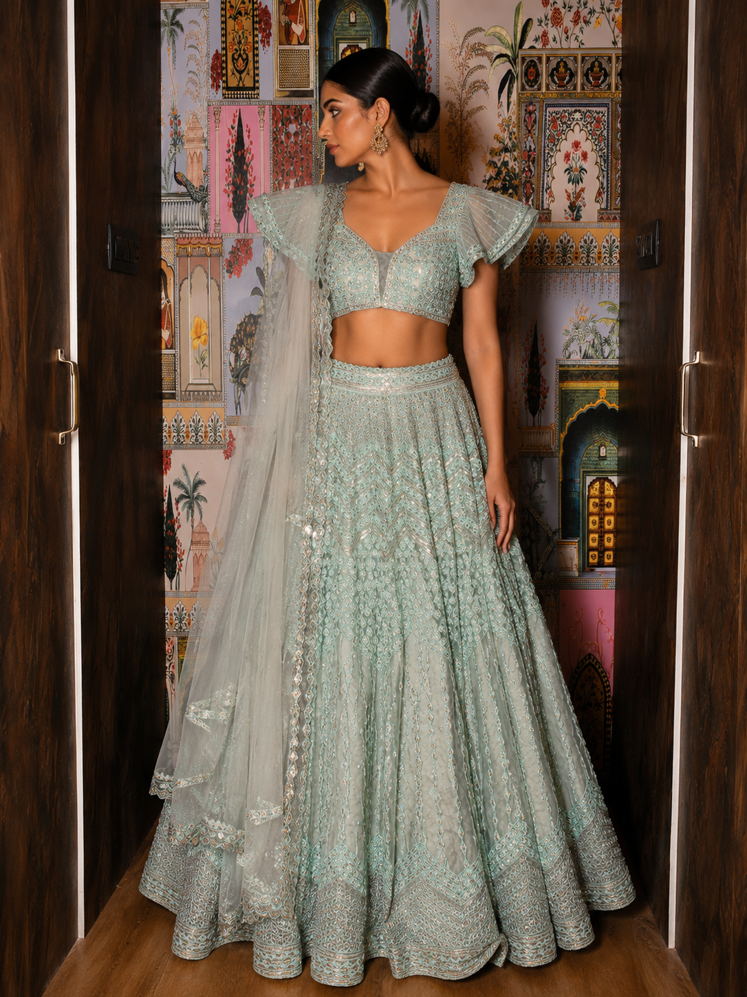 Celestial Mint Hand-Embroidered Organza Lehenga Set