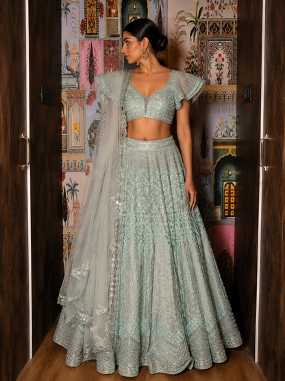 Celestial Mint Hand-Embroidered Organza Lehenga Set