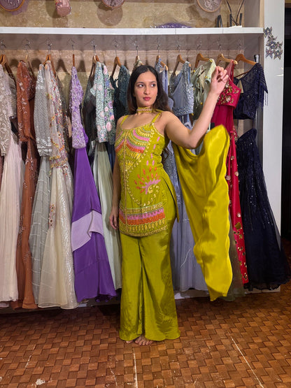 Parrot Green Plazo Set with Embroidered Kurti & Dupatta