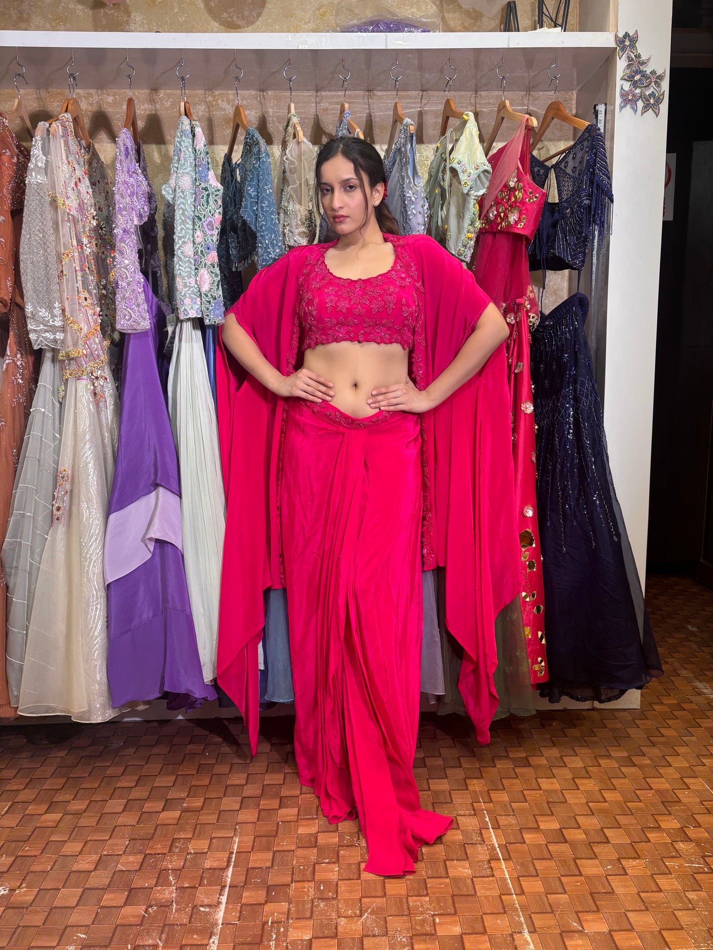 Rani pink drape skirt and top with cape