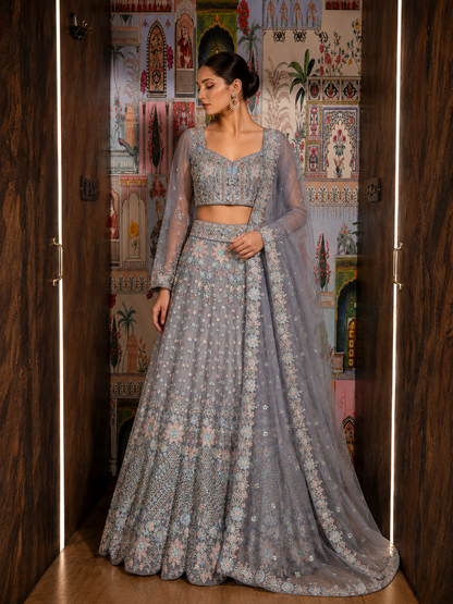 Lilac Blue Hand-Embroidered Organza Lehenga Set