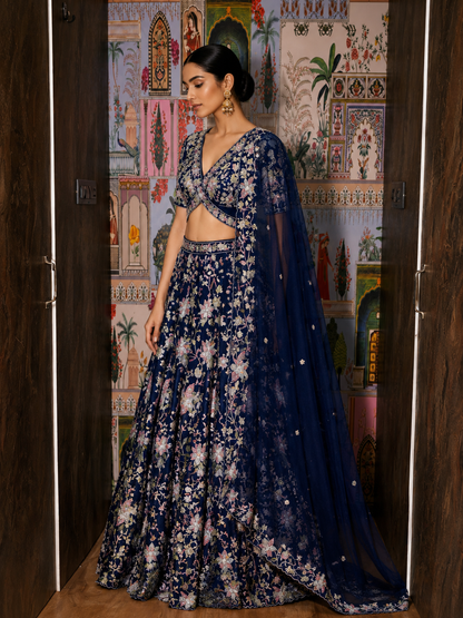 Navy Blue Multicoloured Hand-Embroidered Lehenga Set