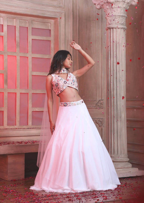 White Lehenga Choli With Embroidery In Floral Blossoms