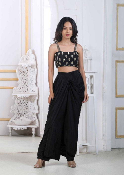 Black Dhoti Set With Raw Silk Handwork Blouse And A Cape Jacket