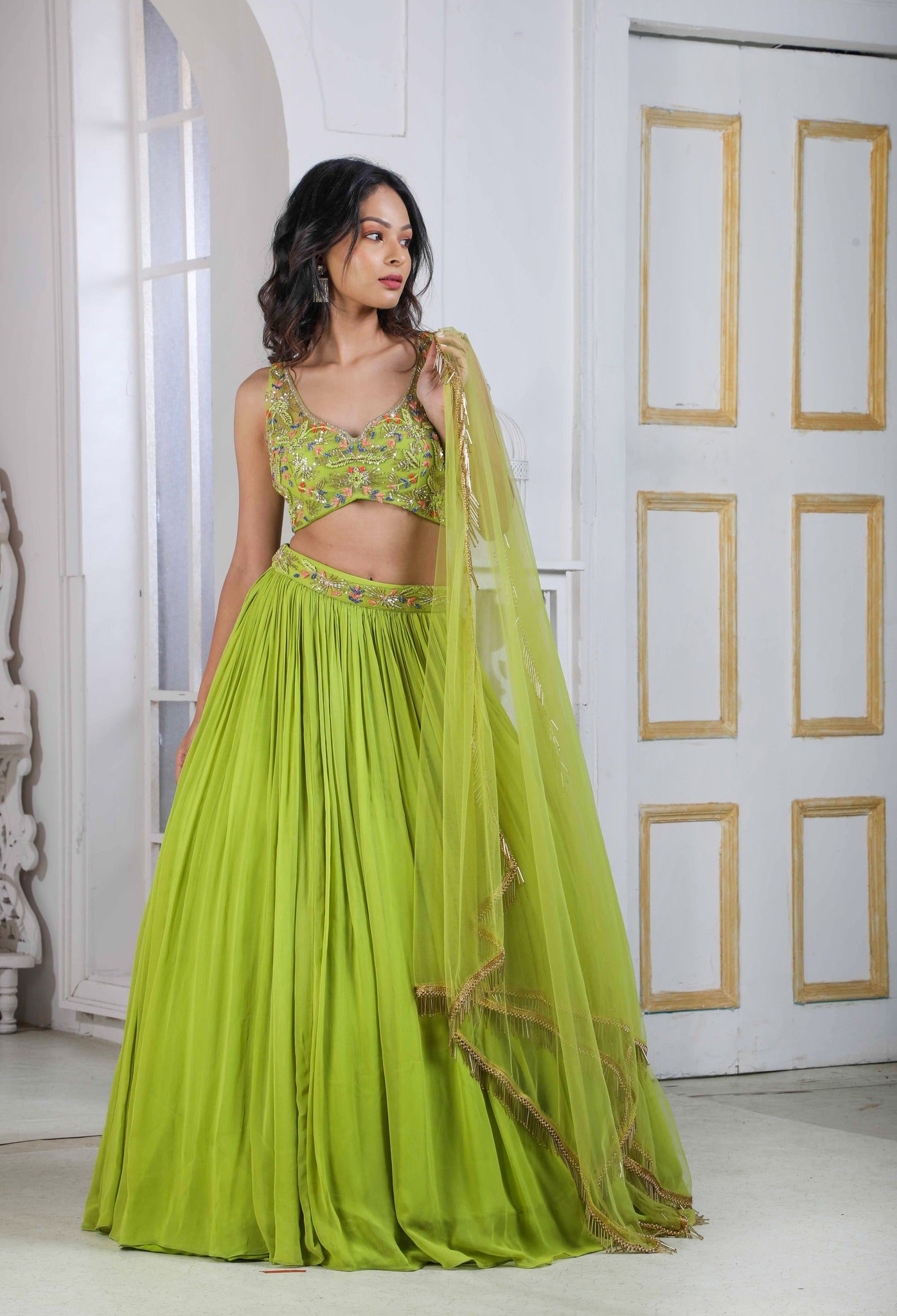 Lime Lehenga Choli With Handwork Blouse And Embroidered Waistline