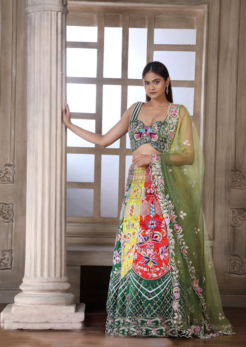 Multi Colour Lehenga And Hunter Green Blouse In Handwork With An Ombre Dupatta