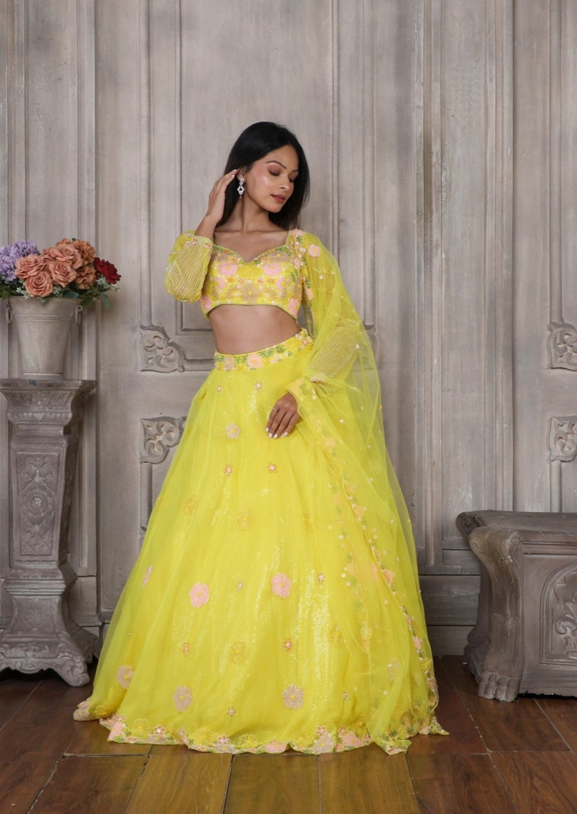 Lemon Yellow Lehenga & Blouse With Multi Colour Floral Motifs And Bord ...
