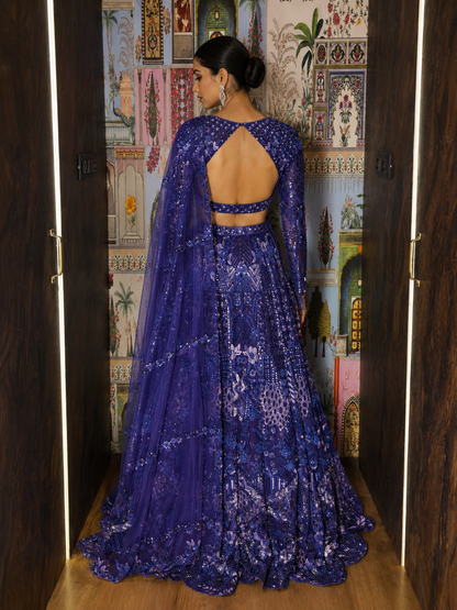 Purple Hand-Embroidered Lehenga Choli with Intricate Cutwork & Motif Detailing