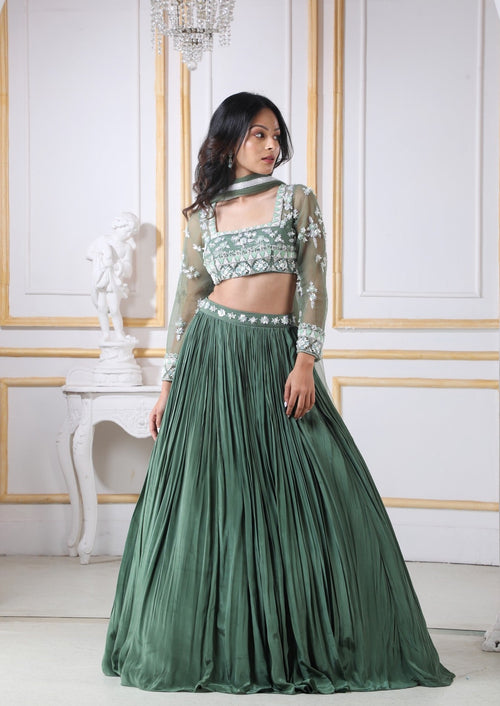 Olive Green Lehenga & Blouse With Silver, Green Self Work And A Matching Net Dupatta