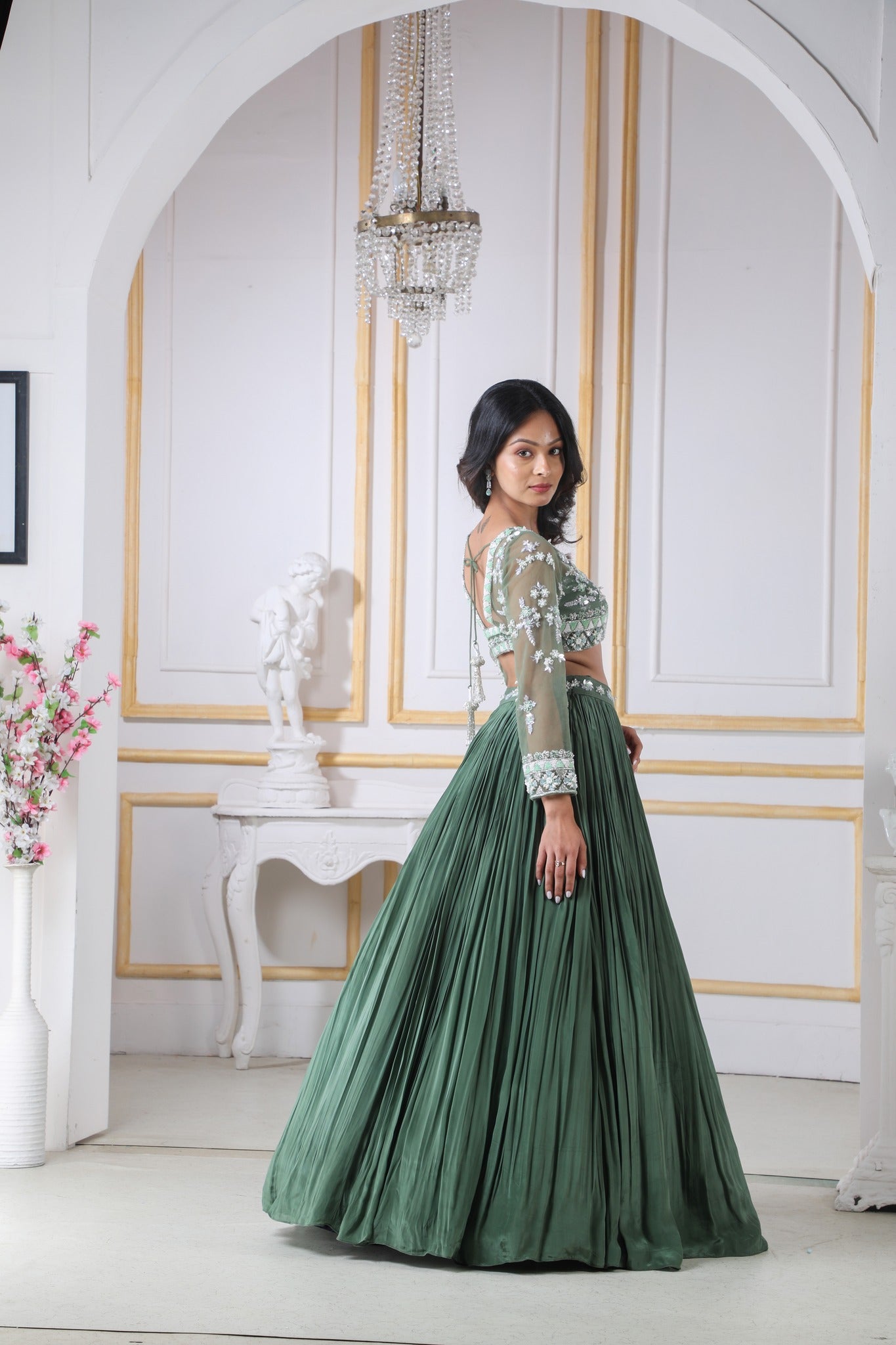 Olive Green Lehenga & Blouse With Silver, Green Self Work And A Matchi Akashi designer studio Olive Green Lehenga & Blouse With Silver, Green Self Work And A Matchi Akashi designer studio