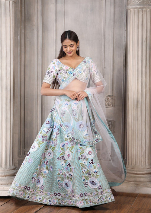 Mint Green Skirt & Pink Blouse With Multicoloured Resham, Zari And Cutdana Floral Embroidery