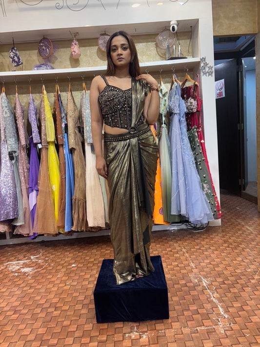 Black and copper simmering saree with corset blouse