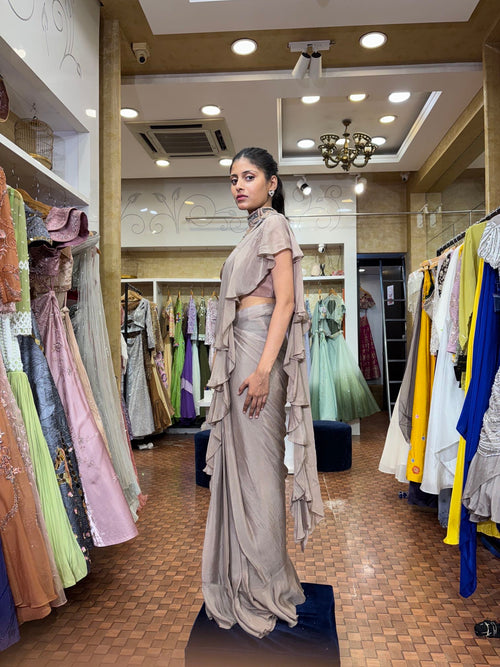 Grey colour indo saree with cape