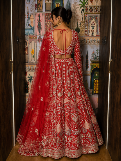 Royal Crimson Heritage Raw Silk Lehenga    Set