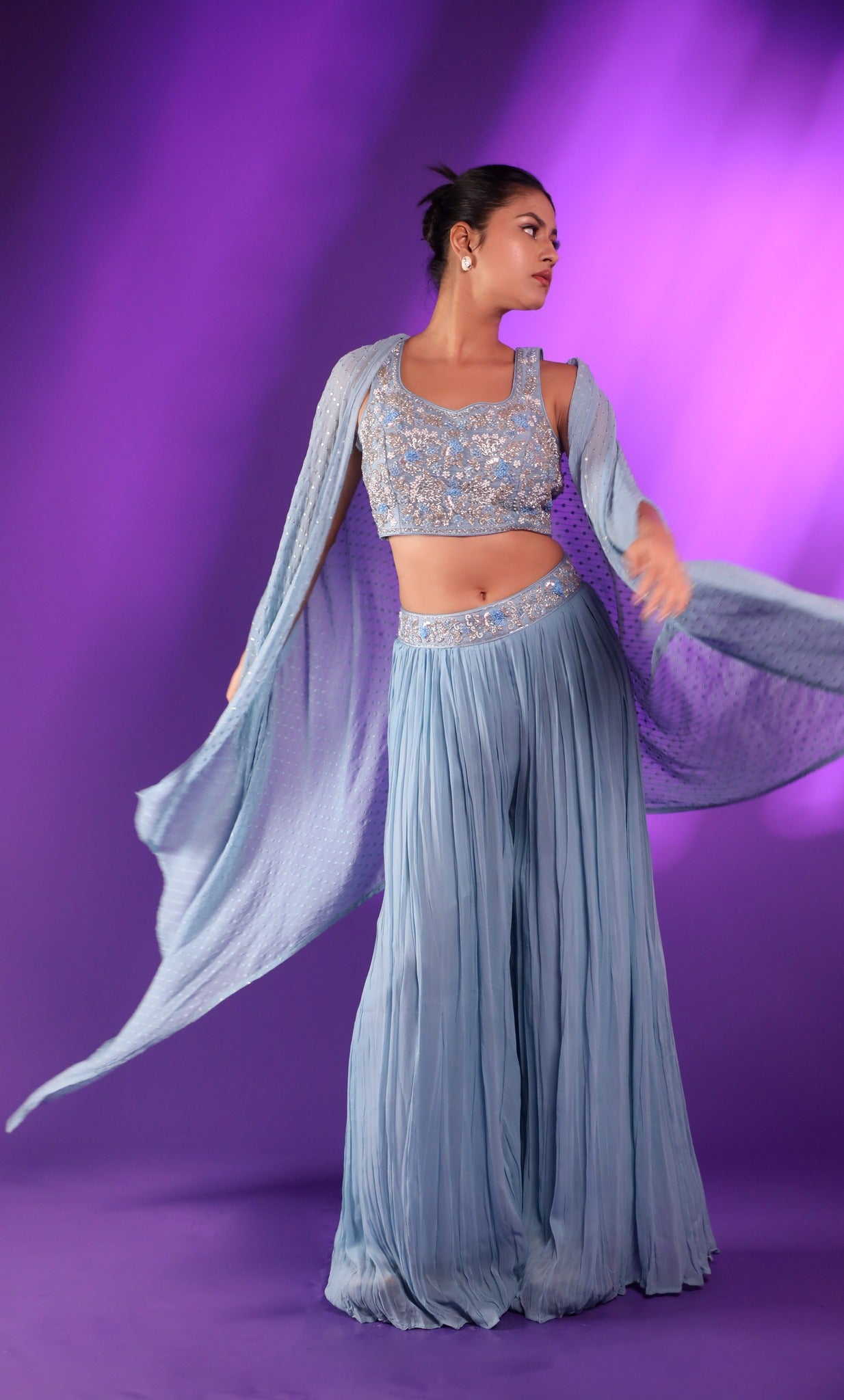 Blue Plzao With Hand Embroidered Blouse And Long Jacket Akashi designer studio