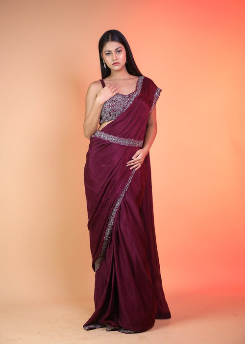 Dark Wine Ready Pleated Saree With Handwork Blouse