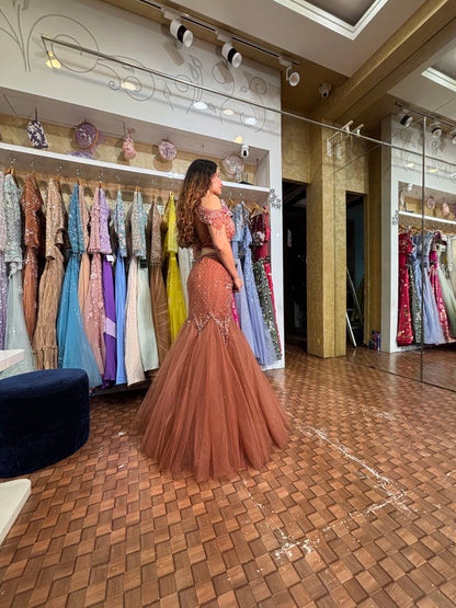 Rust Peach Embroidered Fish Cut Lehenga