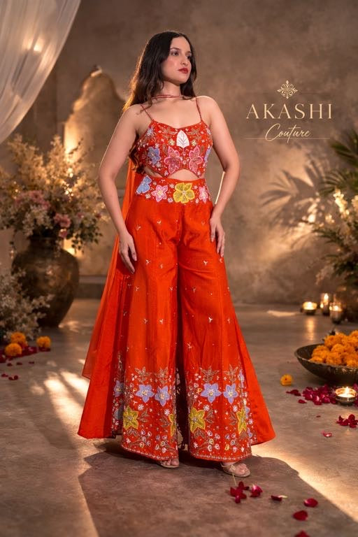 Orange Raw Silk Appliqué Work Jumpsuit