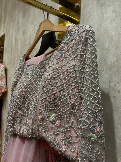 Rose Quartz Hand-Embroidered Raw Silk & Net Lehenga Set