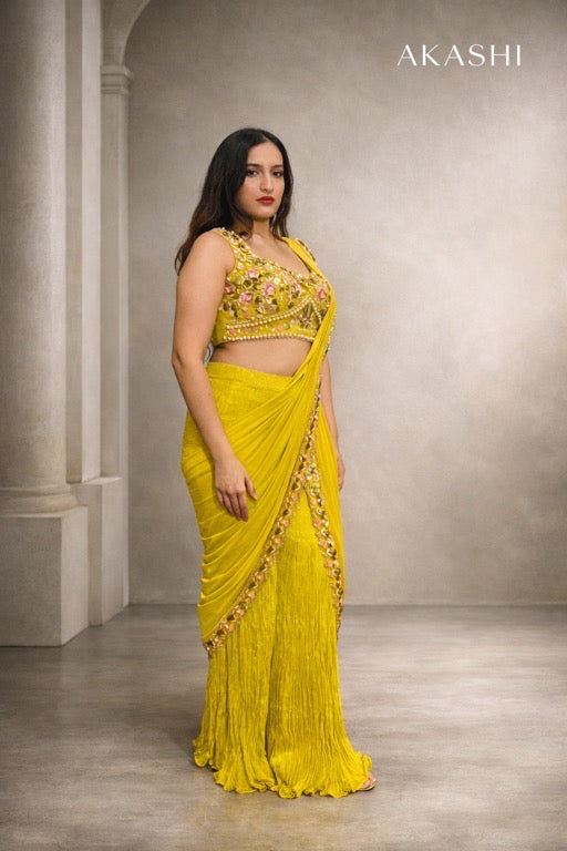 Acrylic Work Pant Saree with Heavy Embellished Pallu Border