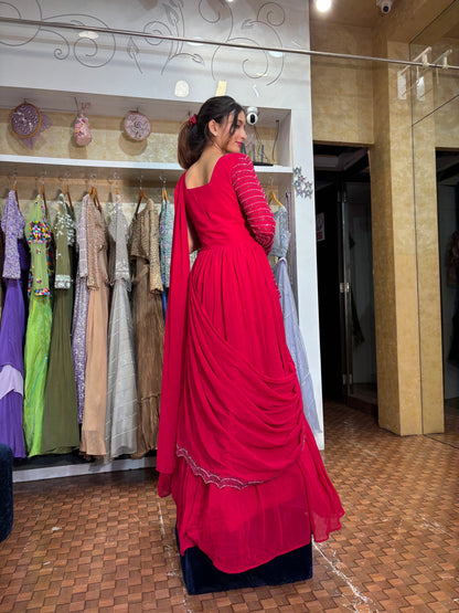 Red stylish gown with drape