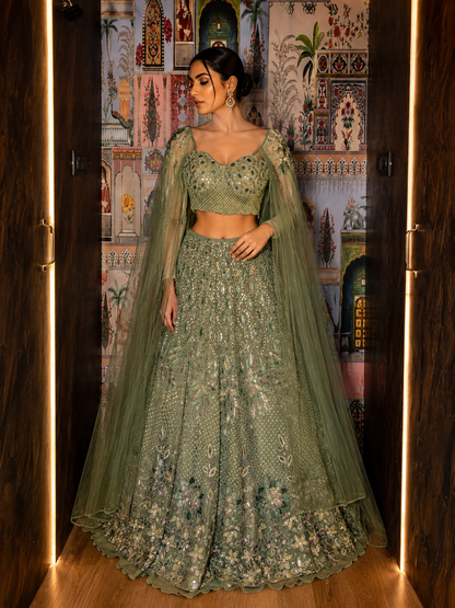 Sage Opulence Hand-Embroidered Organza Lehenga Set