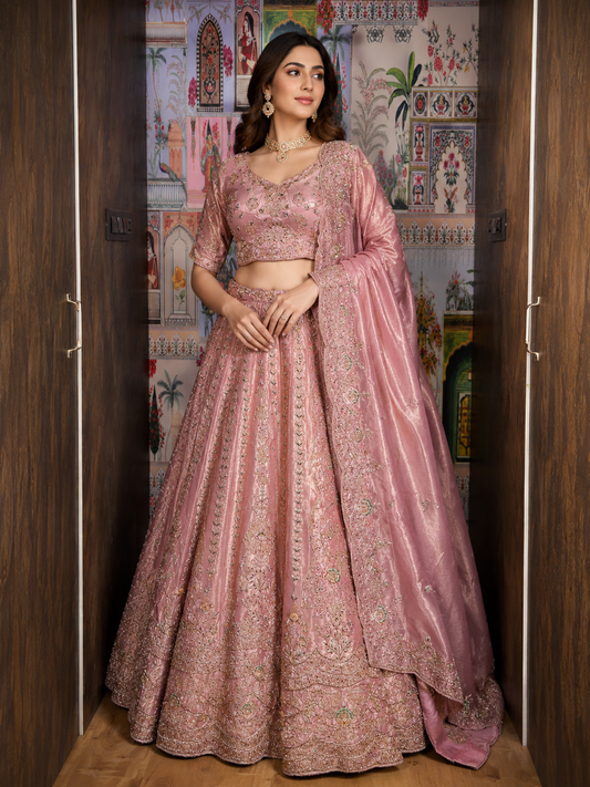 Rose Blush Hand-Embroidered Tissue Lehenga Set