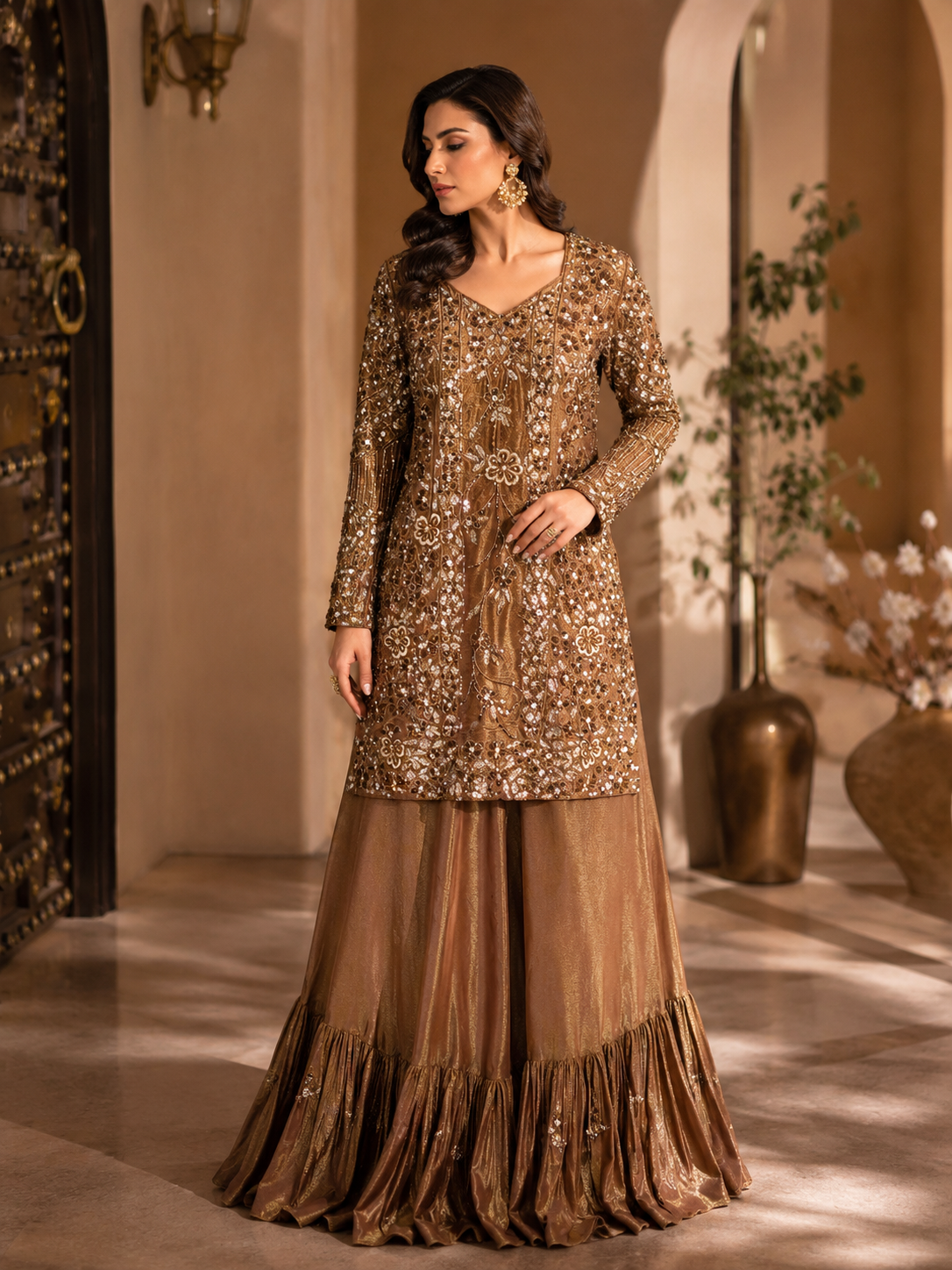 Burnished Gold Hand-Embroidered Kurti with Farsi Lehenga & Dupatta in Tissue