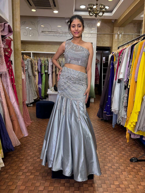 Fish cut lehenga with hand Embordery.