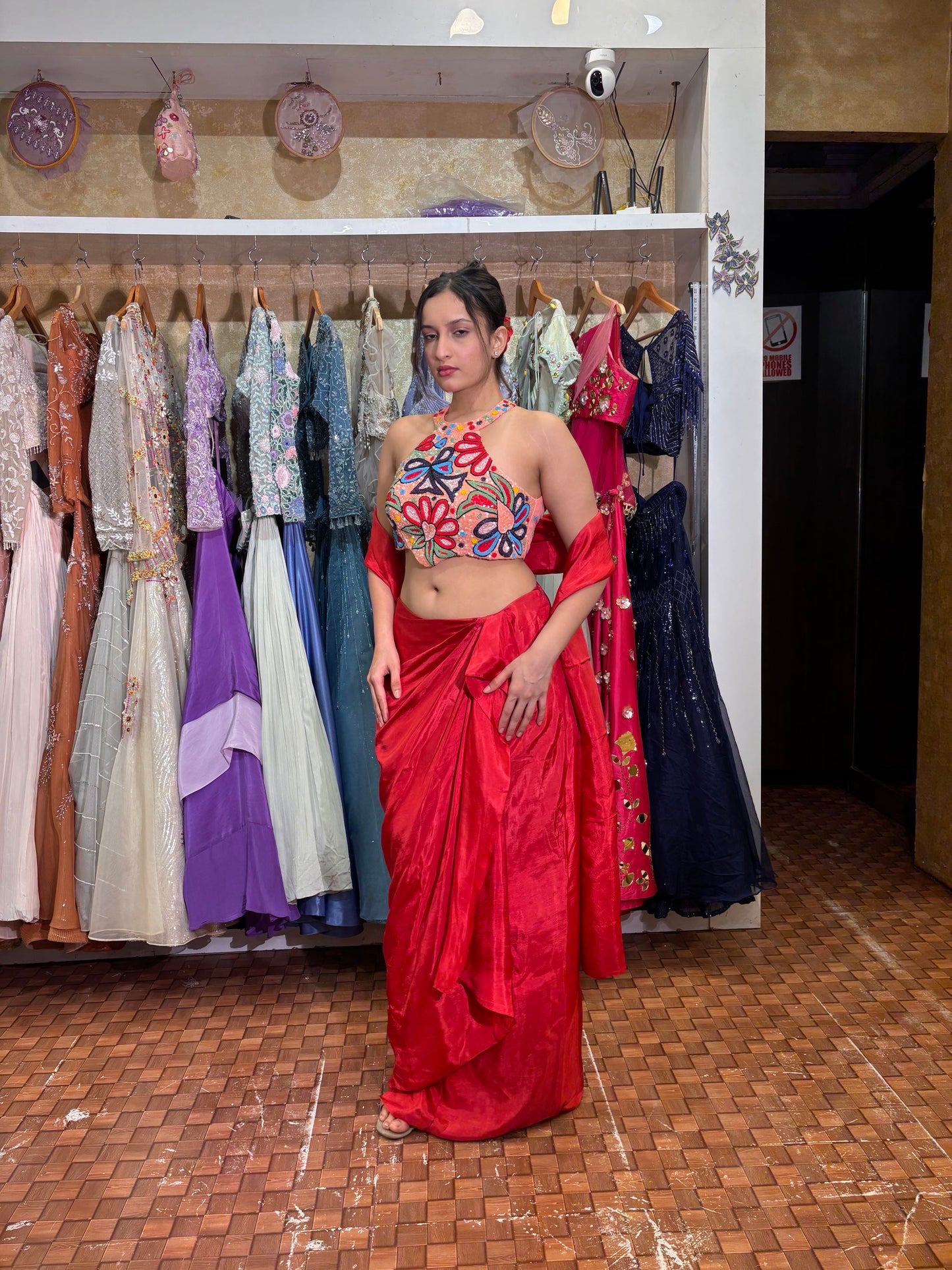 Red Dhoti Skirt with Incut Blouse