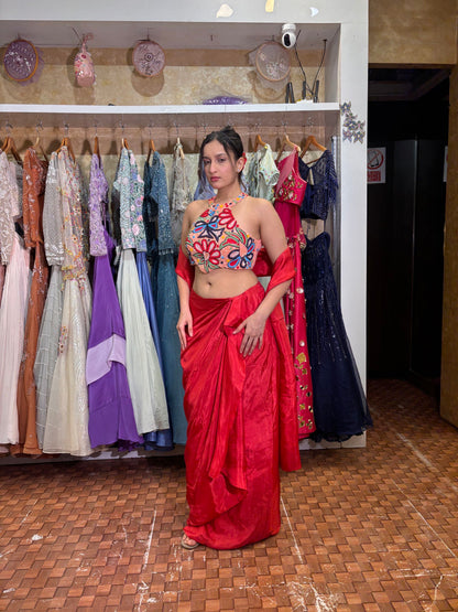 Red Dhoti Skirt with Incut Blouse