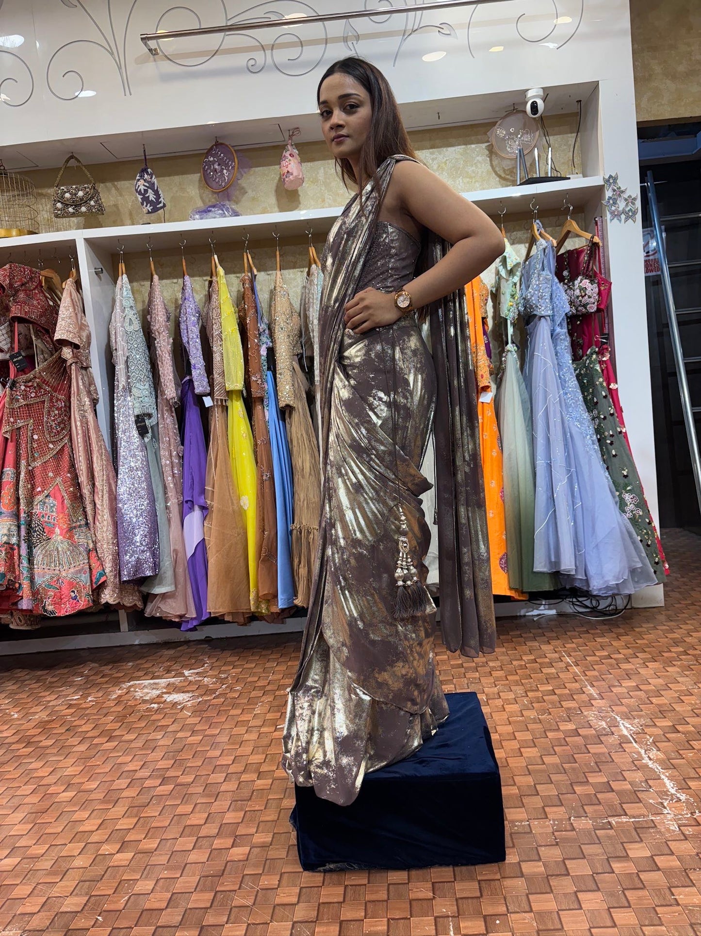 Copper brown corset with simmering saree